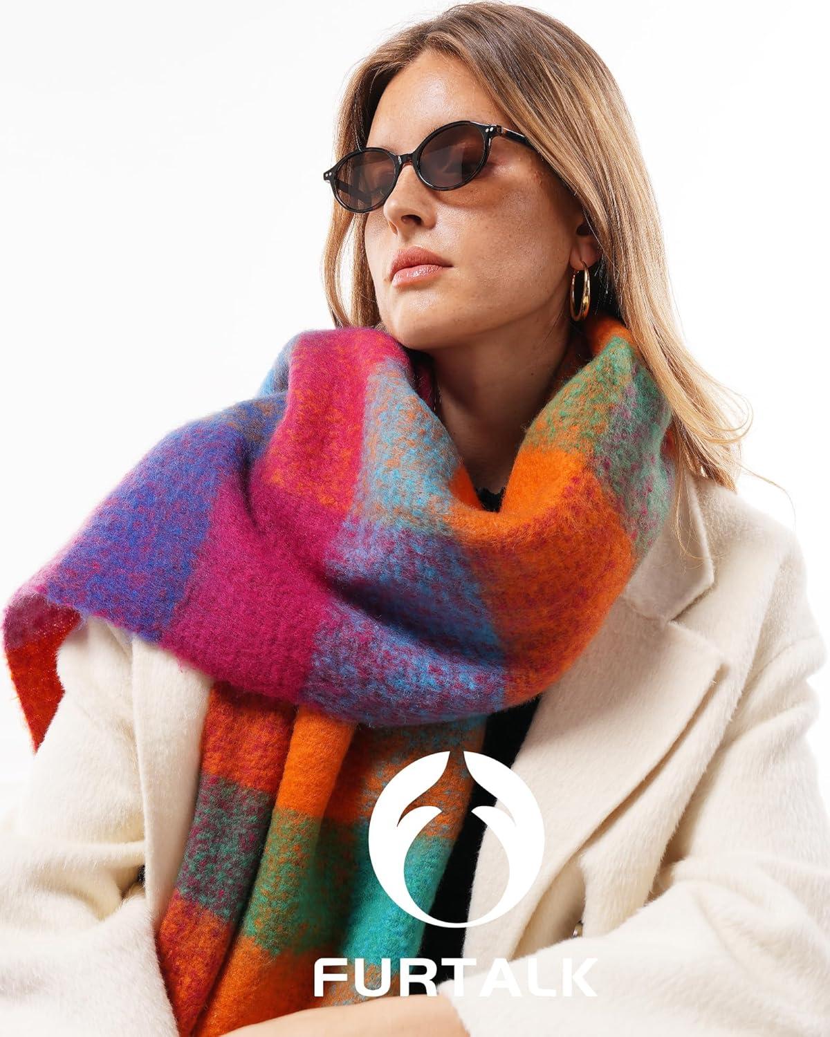imageFURTALK Winter Scarf for Women Oversized Plaid Chunky Thick Blanket Scarves Warm Colorful Cold Weather Long WrapRedorange