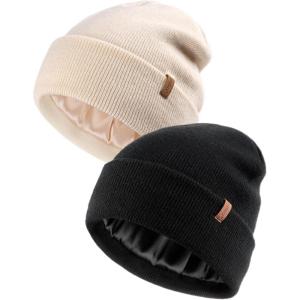 imageFURTALK 2 Pack Satin Lined Beanie for Men Women Acrylic Winter Hats Warm Silky Skull CapBlackbeige