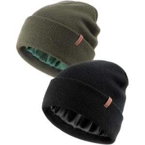 imageFURTALK 2 Pack Satin Lined Beanie for Men Women Acrylic Winter Hats Warm Silky Skull CapBlackgreen