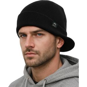 imageFURTALK Mens Beanie with Brim Thick Knitted Acrylic Beanie for Men Women Warm Outdoor Winter HatBlack