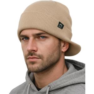 imageFURTALK Mens Beanie with Brim Thick Knitted Acrylic Beanie for Men Women Warm Outdoor Winter HatKhaki