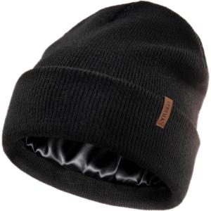 imageFURTALK Satin Lined Beanie for Women Men Knit Beanie Hat Acrylic Winter Hats Warm Slouchy Skull CapBlack
