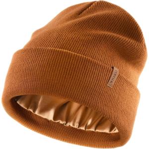 imageFURTALK Satin Lined Beanie for Women Men Knit Beanie Hat Acrylic Winter Hats Warm Slouchy Skull CapCaramel