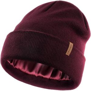 imageFURTALK Satin Lined Beanie for Women Men Knit Beanie Hat Acrylic Winter Hats Warm Slouchy Skull CapDark Wine