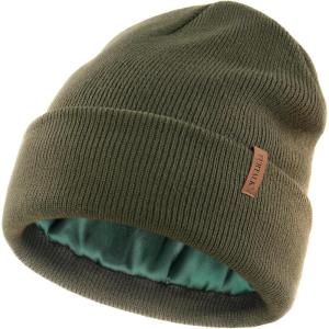 imageFURTALK Satin Lined Beanie for Women Men Knit Beanie Hat Acrylic Winter Hats Warm Slouchy Skull CapGreen