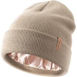 imageFURTALK Satin Lined Beanie for Women Men Knit Beanie Hat Acrylic Winter Hats Warm Slouchy Skull CapLight Khaki