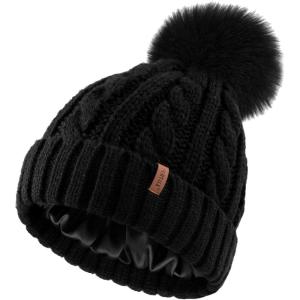 imageFURTALK Satin Lined Winter Hats for Women Men Knit Beanie Hat Warm Pom Pom CapBlack