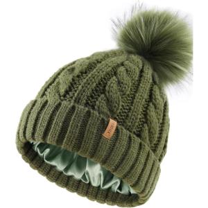 imageFURTALK Satin Lined Winter Hats for Women Men Knit Beanie Hat Warm Pom Pom CapGreen