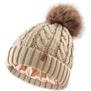 imageFURTALK Satin Lined Winter Hats for Women Men Knit Beanie Hat Warm Pom Pom CapLight Khaki