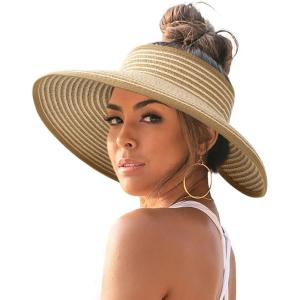 imageFURTALK Sun Hats for Women Wide Brim Beach Hat Straw Visor Ponytail Summer UV Packable Foldable Beach Vacation Essentials04khaki Beige Stripes