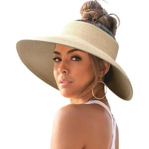 imageFURTALK Sun Hats for Women Wide Brim Beach Hat Straw Visor Ponytail Summer UV Packable Foldable Beach Vacation EssentialsBeige