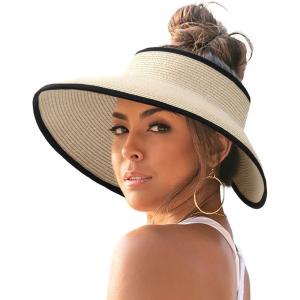 imageFURTALK Sun Hats for Women Wide Brim Beach Hat Straw Visor Ponytail Summer UV Packable Foldable Beach Vacation EssentialsBeige With Black