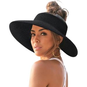 imageFURTALK Sun Hats for Women Wide Brim Beach Hat Straw Visor Ponytail Summer UV Packable Foldable Beach Vacation EssentialsBlack