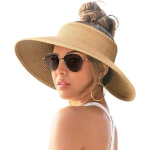 imageFURTALK Sun Hats for Women Wide Brim Beach Hat Straw Visor Ponytail Summer UV Packable Foldable Beach Vacation EssentialsKhaki