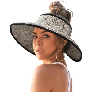 imageFURTALK Sun Hats for Women Wide Brim Beach Hat Straw Visor Ponytail Summer UV Packable Foldable Beach Vacation EssentialsMix Khaki With Black