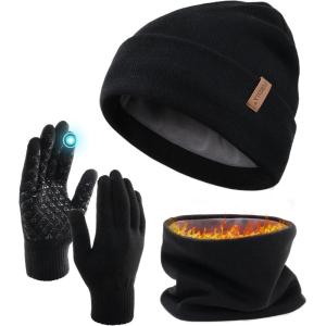 imageFURTALK Winter Beanie Hat Scarf Touchscreen Gloves Set 3 Pcs Warm Knit Beanies Hat Fleece Lined Skull Cap for Men WomenBlack
