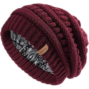 imageFURTALK Winter Beanie Hat for Women Satin Lined Cable Knit Chunky Slouchy Beanies Skull Warm CapAged Brick
