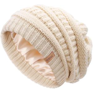 imageFURTALK Winter Beanie Hat for Women Satin Lined Cable Knit Chunky Slouchy Beanies Skull Warm CapBeige