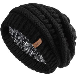 imageFURTALK Winter Beanie Hat for Women Satin Lined Cable Knit Chunky Slouchy Beanies Skull Warm CapBlack