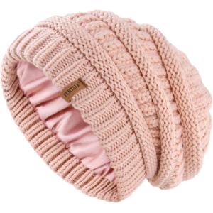 imageFURTALK Winter Beanie Hat for Women Satin Lined Cable Knit Chunky Slouchy Beanies Skull Warm CapBlush Pink