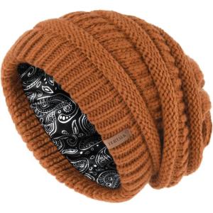 imageFURTALK Winter Beanie Hat for Women Satin Lined Cable Knit Chunky Slouchy Beanies Skull Warm CapCamel