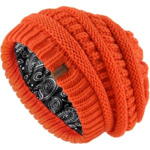 imageFURTALK Winter Beanie Hat for Women Satin Lined Cable Knit Chunky Slouchy Beanies Skull Warm CapPumpkin Orange