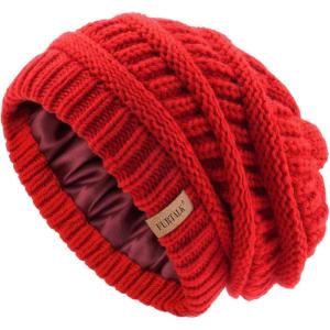 imageFURTALK Winter Beanie Hat for Women Satin Lined Cable Knit Chunky Slouchy Beanies Skull Warm CapRed