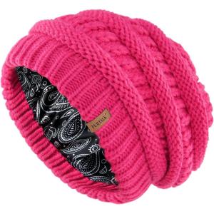 imageFURTALK Winter Beanie Hat for Women Satin Lined Cable Knit Chunky Slouchy Beanies Skull Warm CapRose