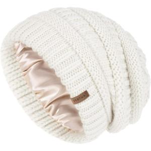 imageFURTALK Winter Beanie Hat for Women Satin Lined Cable Knit Chunky Slouchy Beanies Skull Warm CapWhite