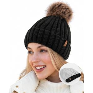 imageFURTALK Winter Beanie Hats for Women Fleece Lined Pom Pom Knitted Warm Beanie Caps01black
