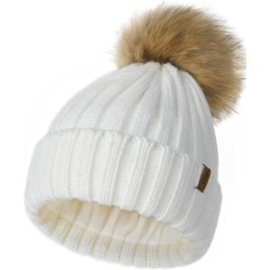 imageFURTALK Winter Beanie Hats for Women Fleece Lined Pom Pom Knitted Warm Beanie Caps03 White