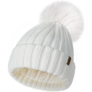 imageFURTALK Winter Beanie Hats for Women Fleece Lined Pom Pom Knitted Warm Beanie Caps07 White