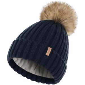 imageFURTALK Winter Beanie Hats for Women Fleece Lined Pom Pom Knitted Warm Beanie CapsNavy