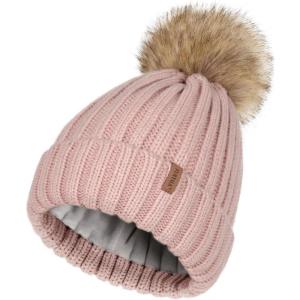 imageFURTALK Winter Beanie Hats for Women Fleece Lined Pom Pom Knitted Warm Beanie CapsPink
