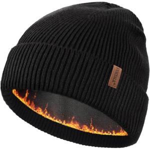 imageFURTALK Winter Hats for Men Women Fleece Lined Beanie Warm Cuffed Outdoor Skull CapBlack