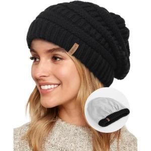imageFURTALK Winter Hats for Women Fleece Lined Knit Beanie Hats Slouchy Warm Beanies Ski Skull CapBlack