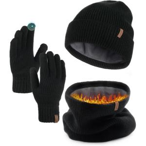 imageFURTALK Winter Knit Beanie Hat Sacrf Touch Screen Gloves Set Soft Fleece Lining Warm Beanie Unisex Winter SetBlack