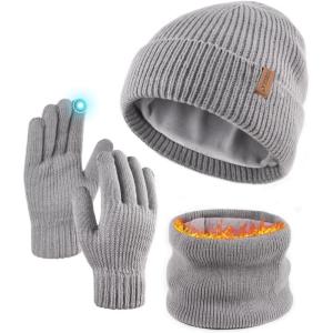 imageFURTALK Winter Knit Beanie Hat Sacrf Touch Screen Gloves Set Soft Fleece Lining Warm Beanie Unisex Winter SetGrey