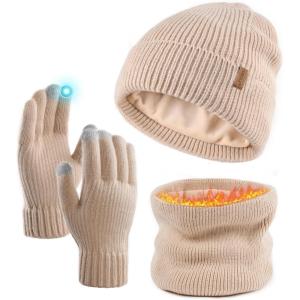 imageFURTALK Winter Knit Beanie Hat Sacrf Touch Screen Gloves Set Soft Fleece Lining Warm Beanie Unisex Winter SetLight Khaki