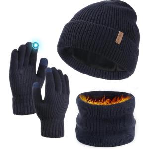 imageFURTALK Winter Knit Beanie Hat Sacrf Touch Screen Gloves Set Soft Fleece Lining Warm Beanie Unisex Winter SetNavy Blue