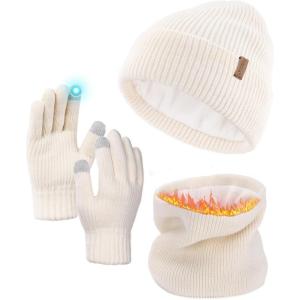 imageFURTALK Winter Knit Beanie Hat Sacrf Touch Screen Gloves Set Soft Fleece Lining Warm Beanie Unisex Winter SetWhite