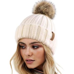 imageFURTALK Womens Winter Knitted Beanie Hat with Faux Fur Pom Warm Knit Skull Cap Beanie for WomenBeige