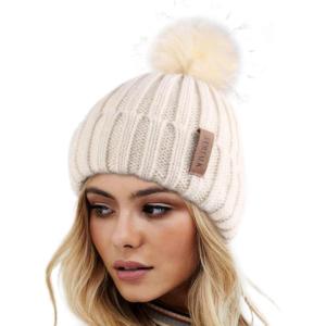 imageFURTALK Womens Winter Knitted Beanie Hat with Faux Fur Pom Warm Knit Skull Cap Beanie for WomenBeige With Beige Pom
