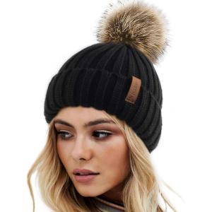 imageFURTALK Womens Winter Knitted Beanie Hat with Faux Fur Pom Warm Knit Skull Cap Beanie for WomenBlack