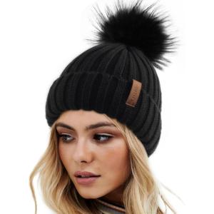 imageFURTALK Womens Winter Knitted Beanie Hat with Faux Fur Pom Warm Knit Skull Cap Beanie for WomenBlack With Black Pom
