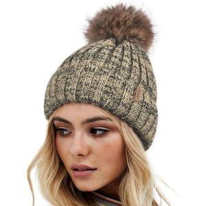imageFURTALK Womens Winter Knitted Beanie Hat with Faux Fur Pom Warm Knit Skull Cap Beanie for WomenBlackDark Beige Mixed