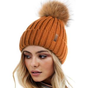 imageFURTALK Womens Winter Knitted Beanie Hat with Faux Fur Pom Warm Knit Skull Cap Beanie for WomenCaramel