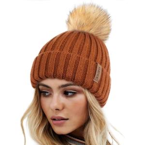 imageFURTALK Womens Winter Knitted Beanie Hat with Faux Fur Pom Warm Knit Skull Cap Beanie for WomenDark Orange