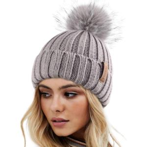 imageFURTALK Womens Winter Knitted Beanie Hat with Faux Fur Pom Warm Knit Skull Cap Beanie for WomenFog Gray