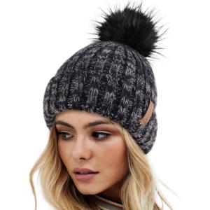imageFURTALK Womens Winter Knitted Beanie Hat with Faux Fur Pom Warm Knit Skull Cap Beanie for WomenMixed Black With Black Pom